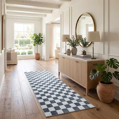 Imaran Antrasit Cream Checkered Washable Area Rug