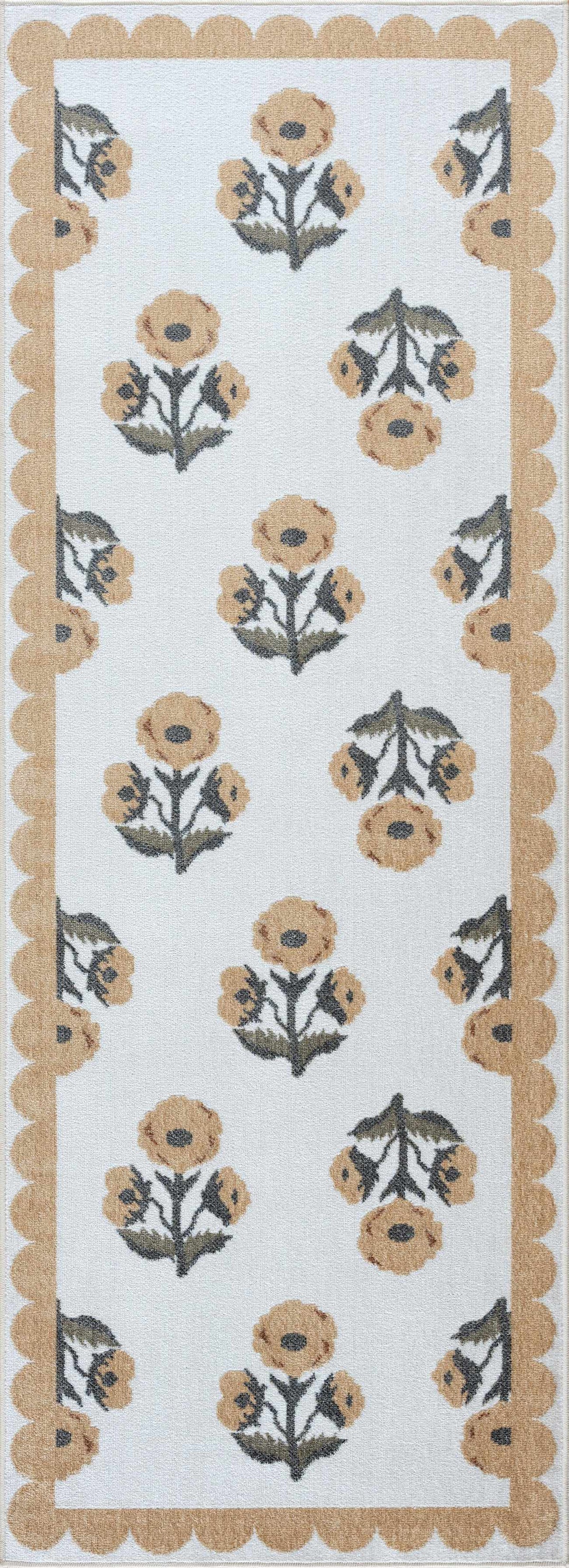 Linnet Beige Floral Washable Area Rug