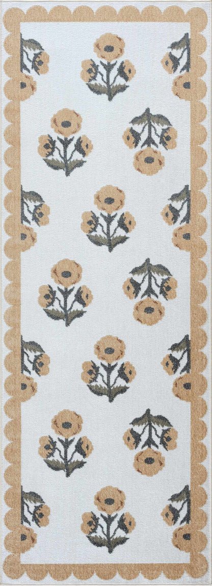Linnet Beige Floral Washable Area Rug