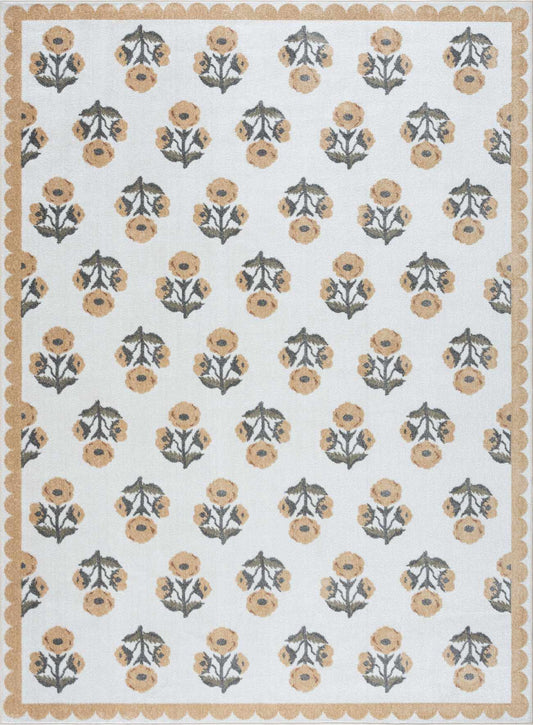 Linnet Beige Floral Washable Area Rug