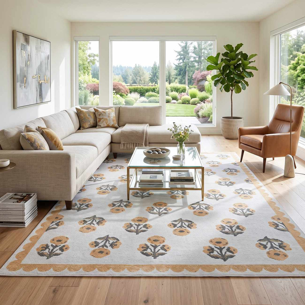 Linnet Beige Floral Washable Area Rug