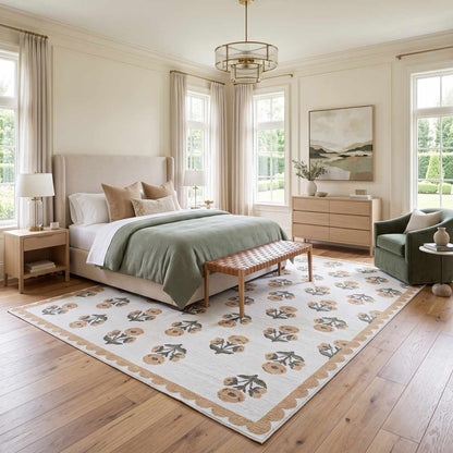 Linnet Beige Floral Washable Area Rug