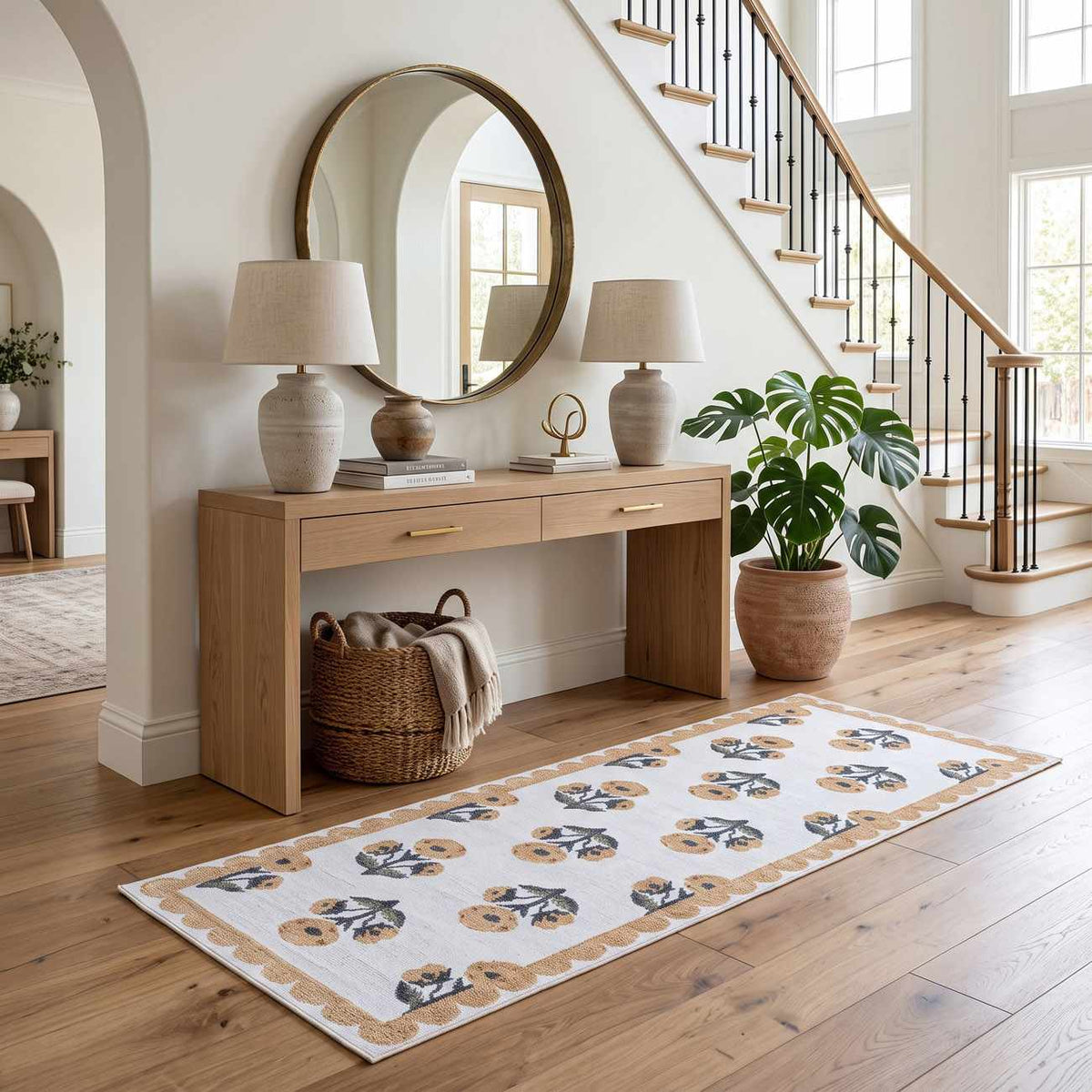 Linnet Beige Floral Washable Area Rug
