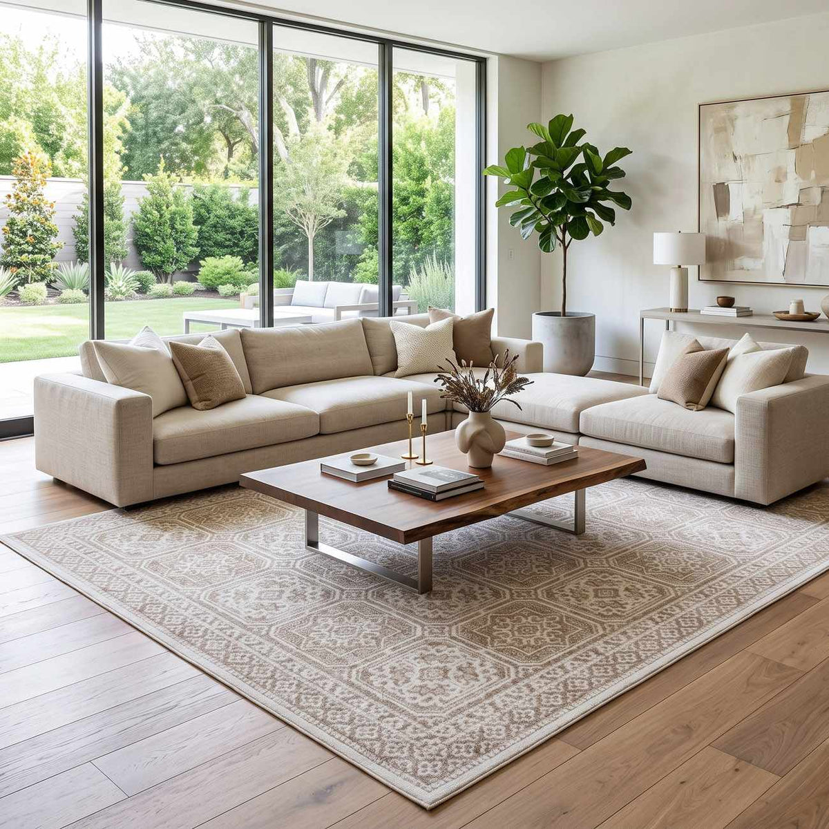 Dakari Light Brown Geometric Washable Area Rug