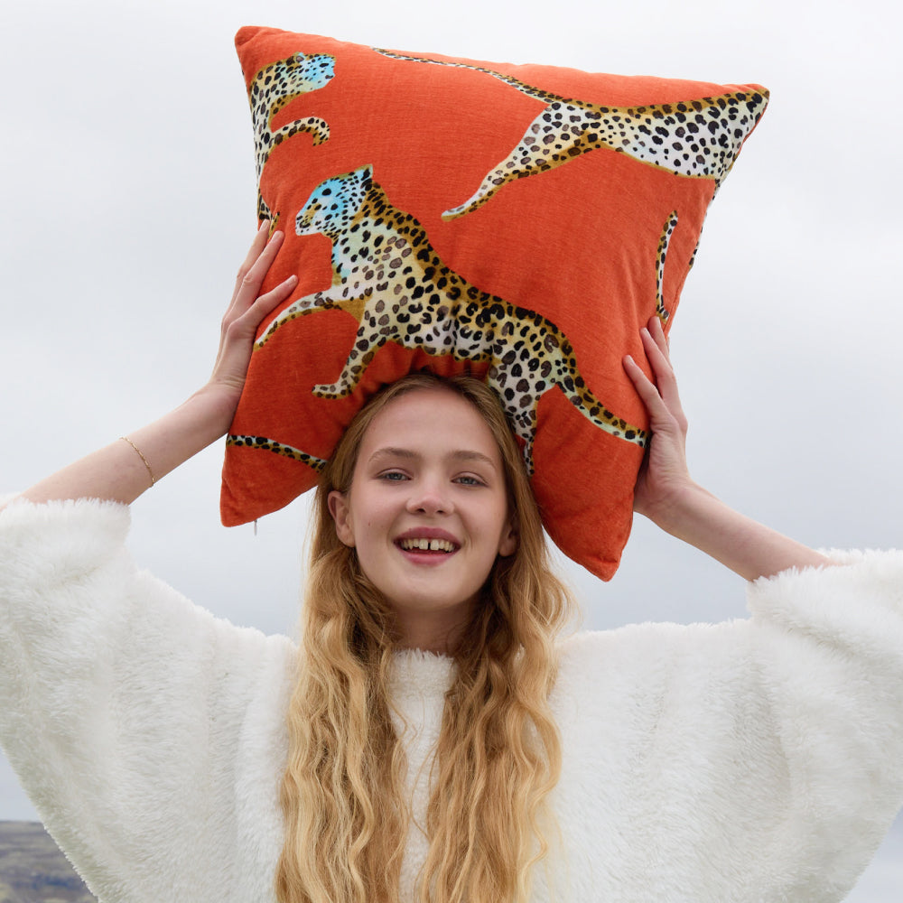 Velvet Leaping Small Leopard Throw Pillow.