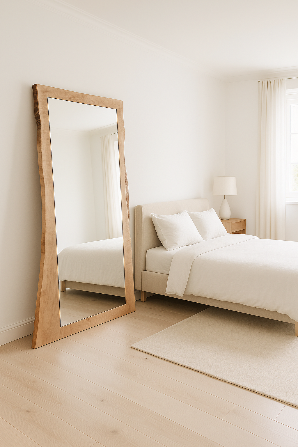 Wooden floor mirror in a bedroom with a bed and lamp.