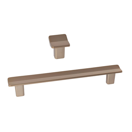 Modern Brushed Bronze "Vis a Vis" Cabinet Knob and Drawer Pulls.