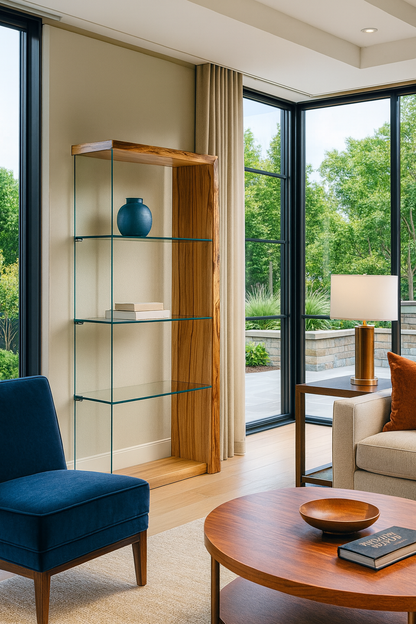 Modern living room with glass shelving unit, blue armchair, and wooden coffee table.