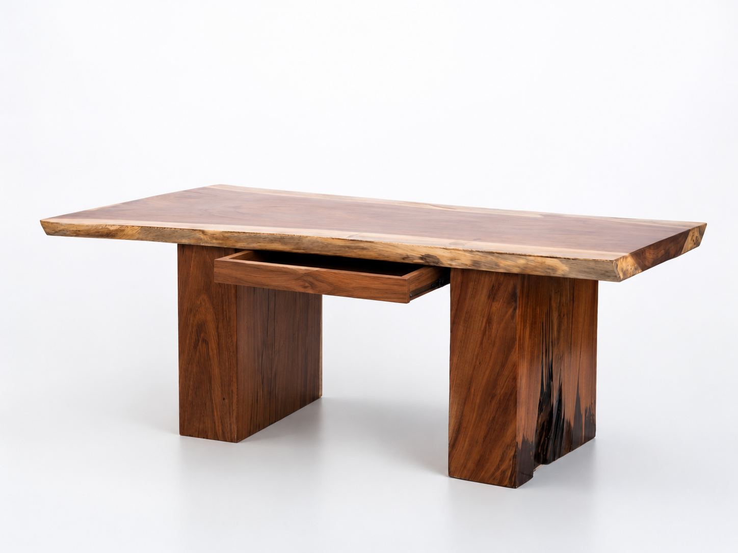 Wooden dining table with a natural finish on a white background