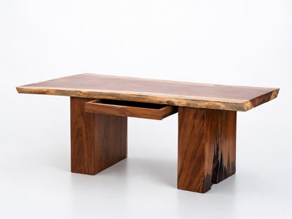 Wooden dining table with a natural finish on a white background