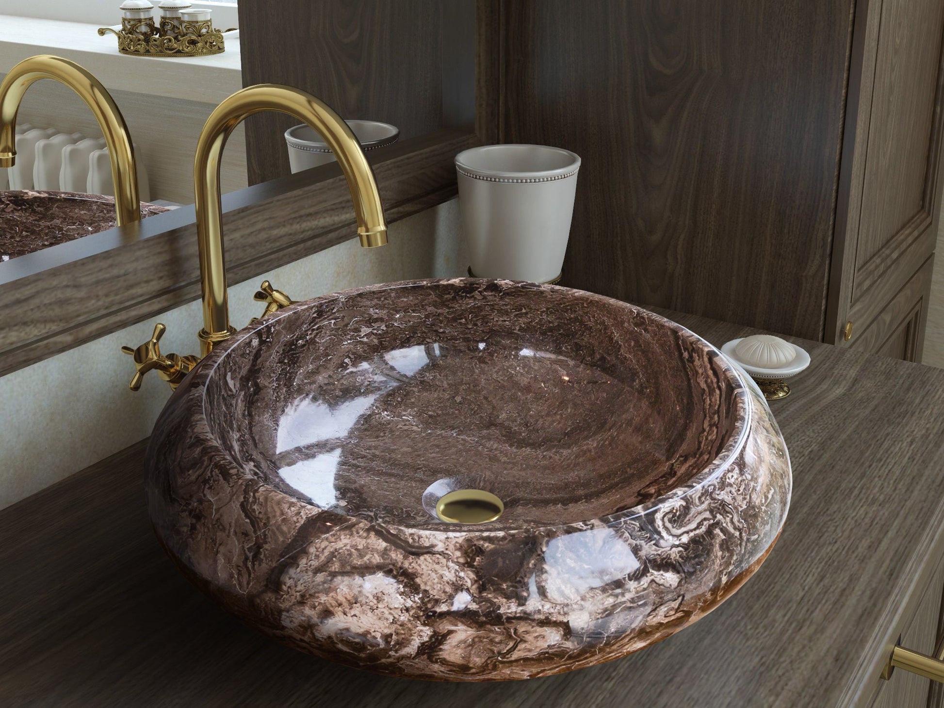 Narcist Brown Marble Vessel Sink High-Gloss Polished.