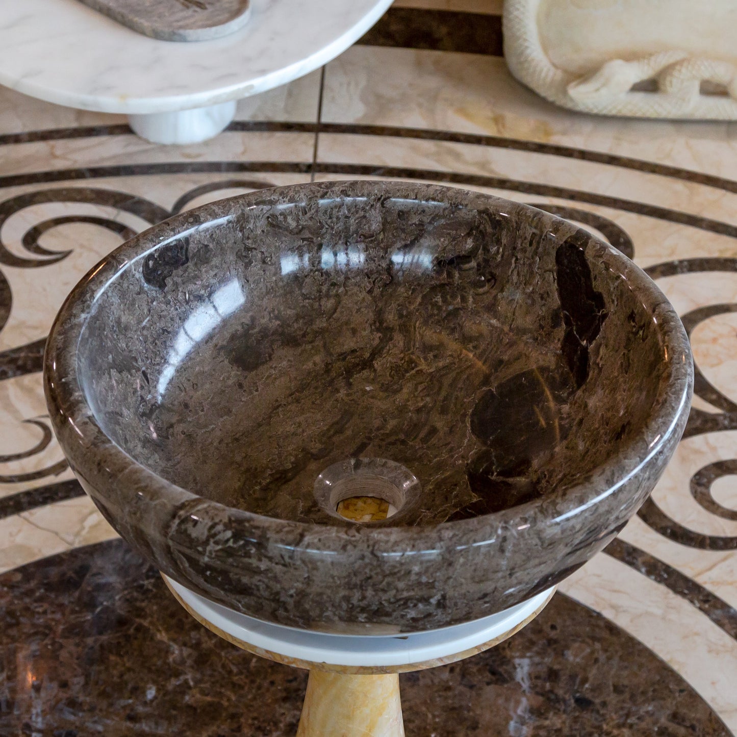 Narcist Brown Natural Stone Marble Vessel Sink High-Gloss Polished (D)16" (H)6".