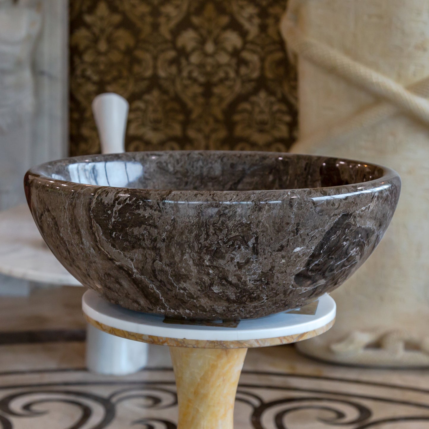 Narcist Brown Natural Stone Marble Vessel Sink High-Gloss Polished (D)16" (H)6".
