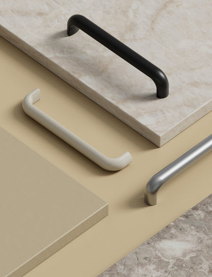 Satin Steel "Vibe" Cup Knob and Drawer Pull.