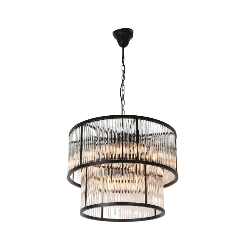Modern chandelier with black metal frame and glass shades on a beige background