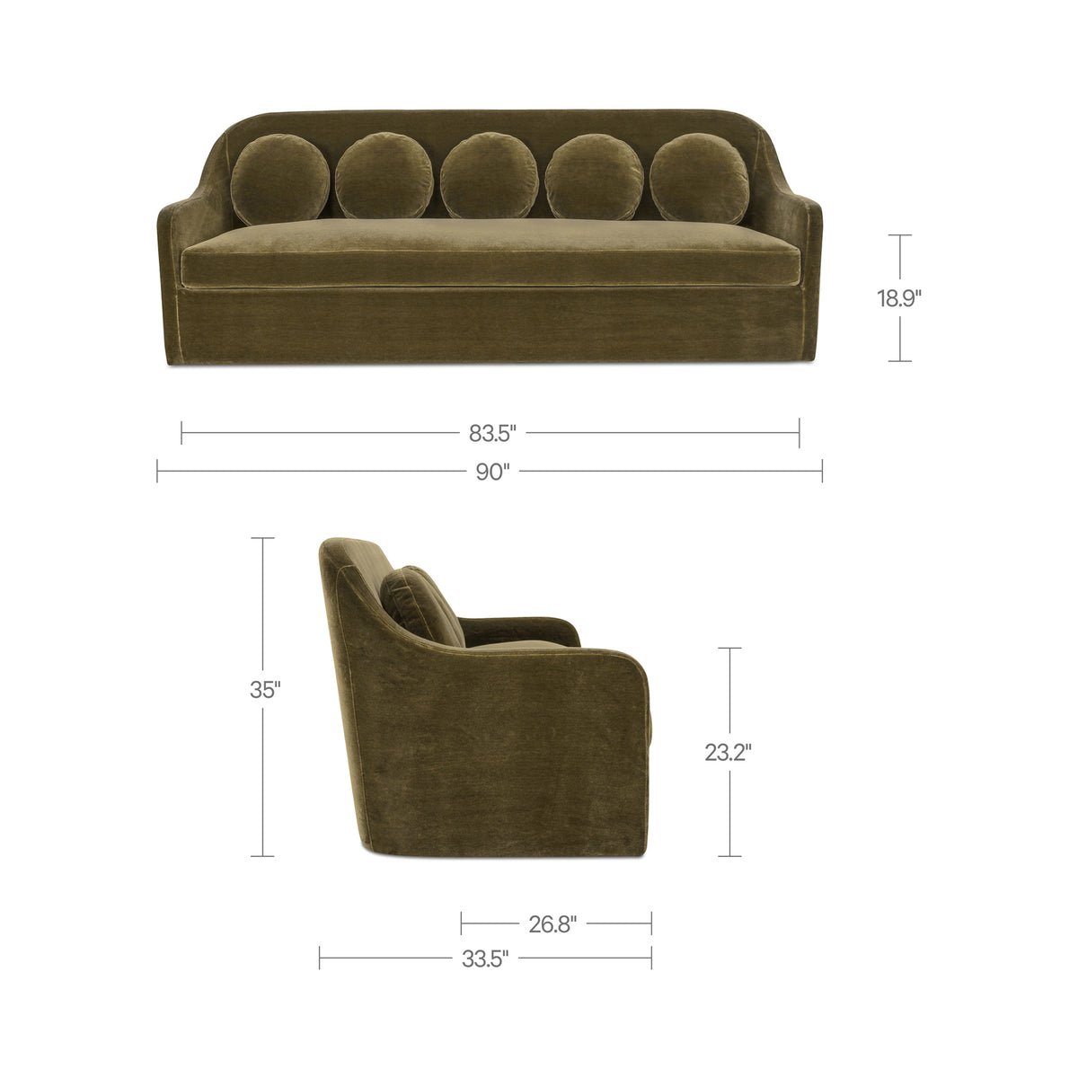 Rialto Sofa Dark Green Faux Mohair dimensions