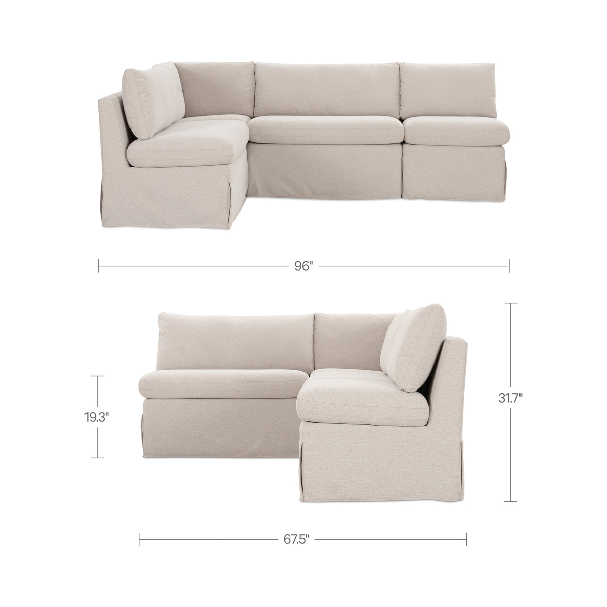 Fable Slipcover Dining Banquette L-Shape Beige 96 in dimensions