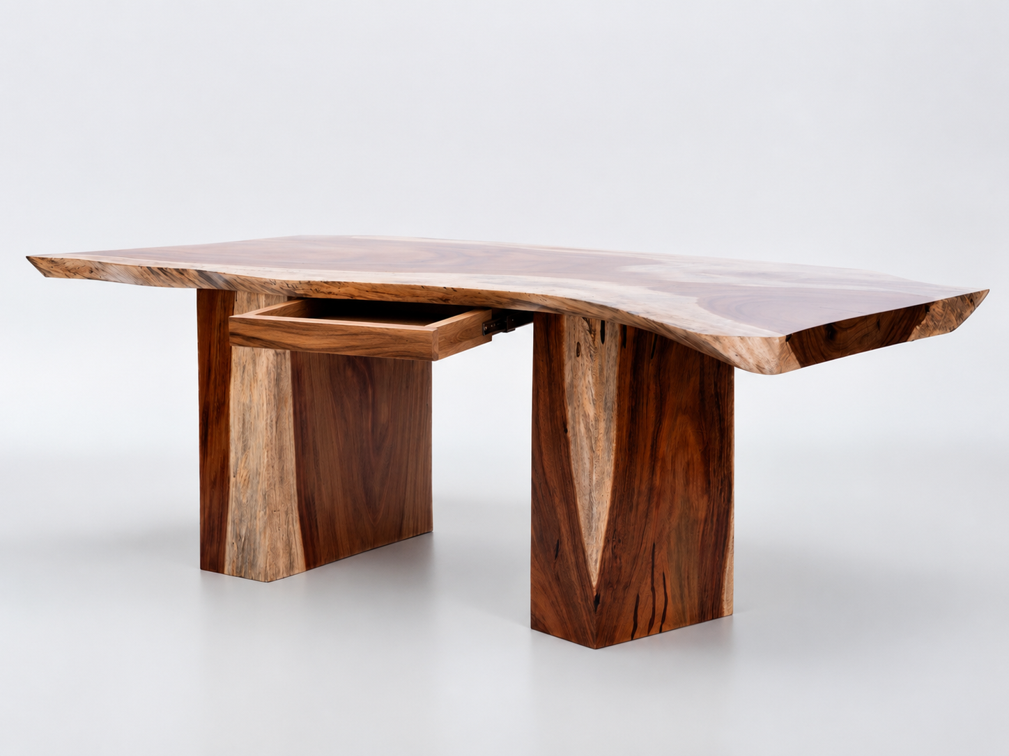Wooden dining table with a natural, rustic design on a white background