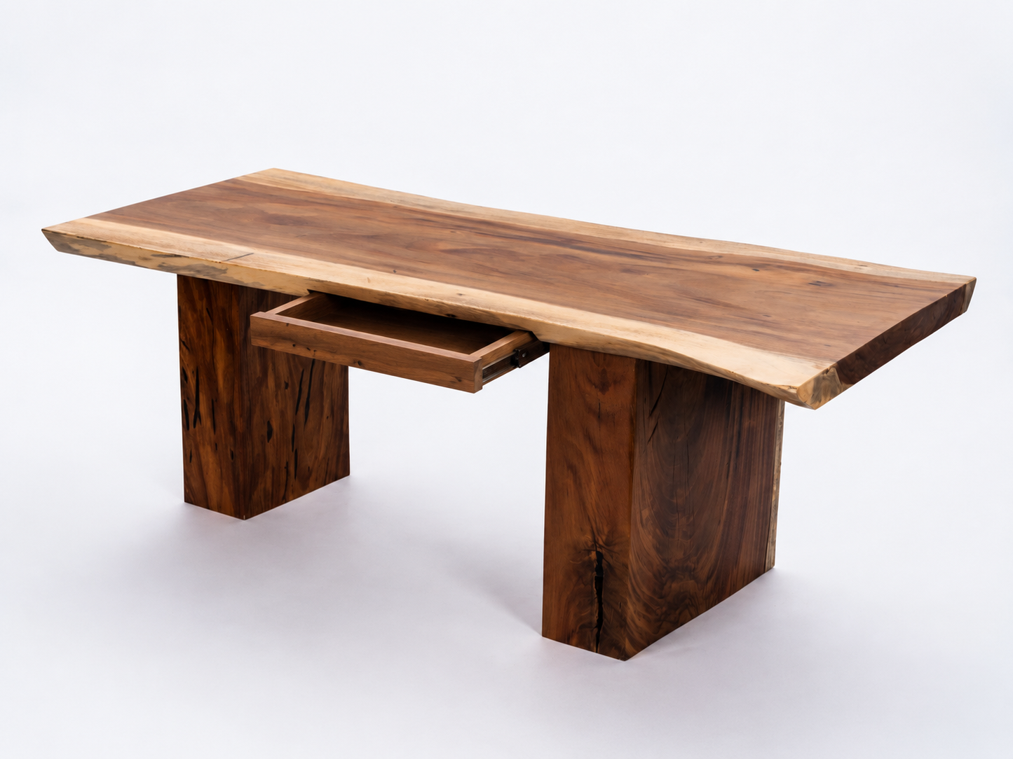 Wooden desk with a single drawer on a white background