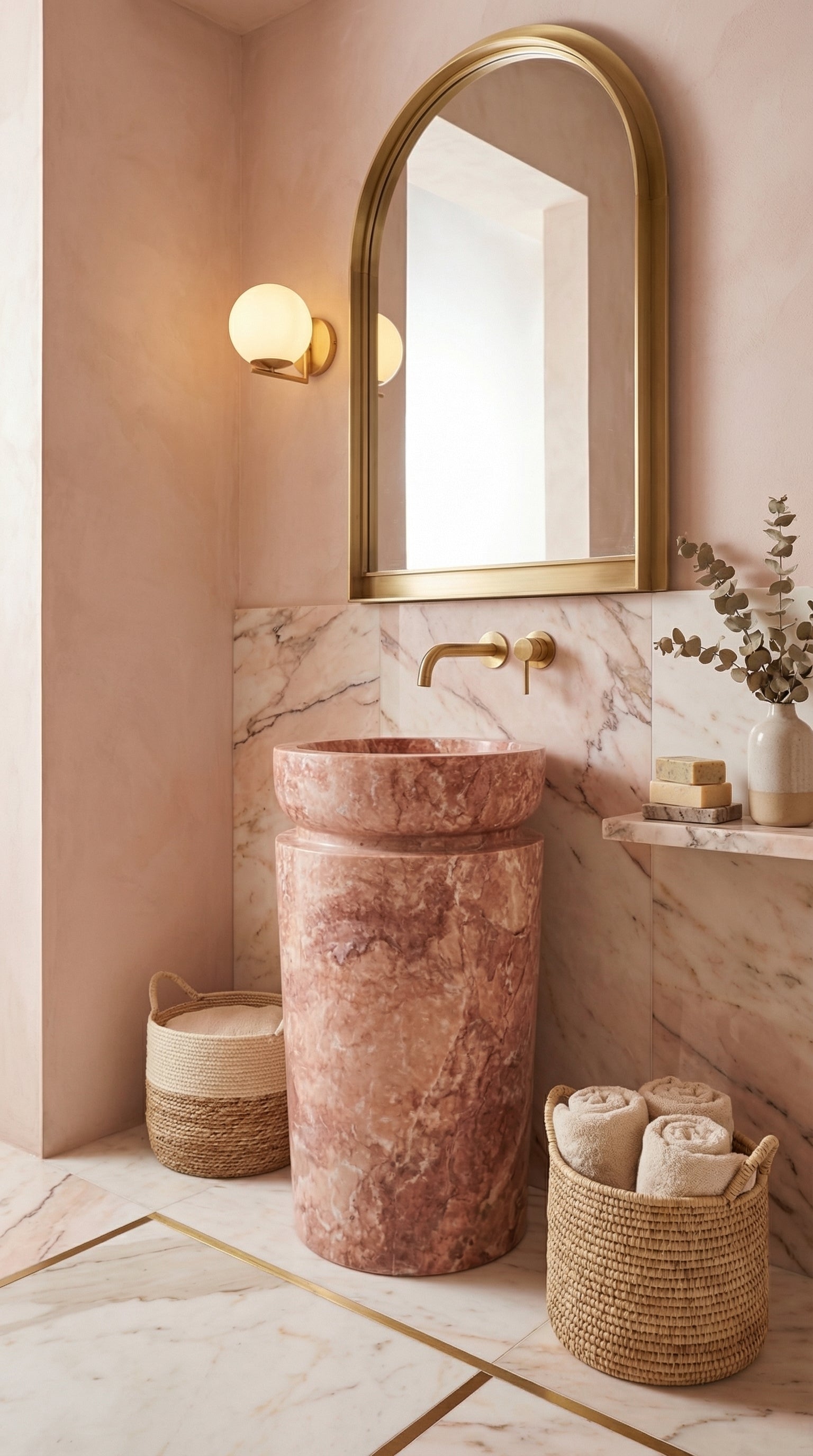 Red Travertine Designer Pedestal Stand-Alone Fluted Sink (W)18" (L)18" (H)33".