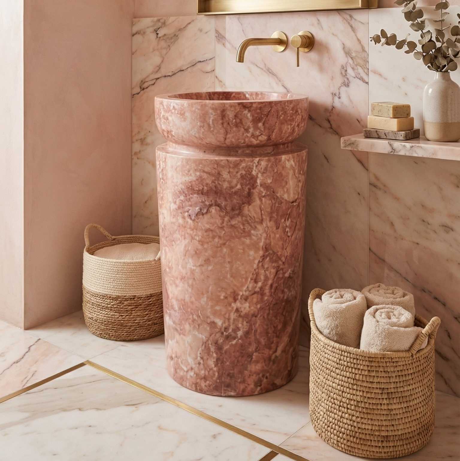 Red Travertine Designer Pedestal Stand-Alone Fluted Sink (W)18" (L)18" (H)33".