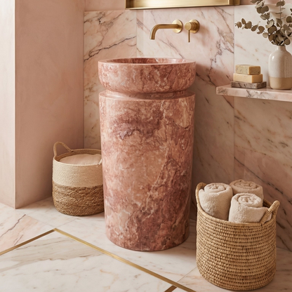 Red Travertine Designer Pedestal Stand-Alone Fluted Sink (W)18" (L)18" (H)33".