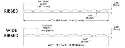 Technical diagram of ribbed and wide ribbed patterns with dimensions