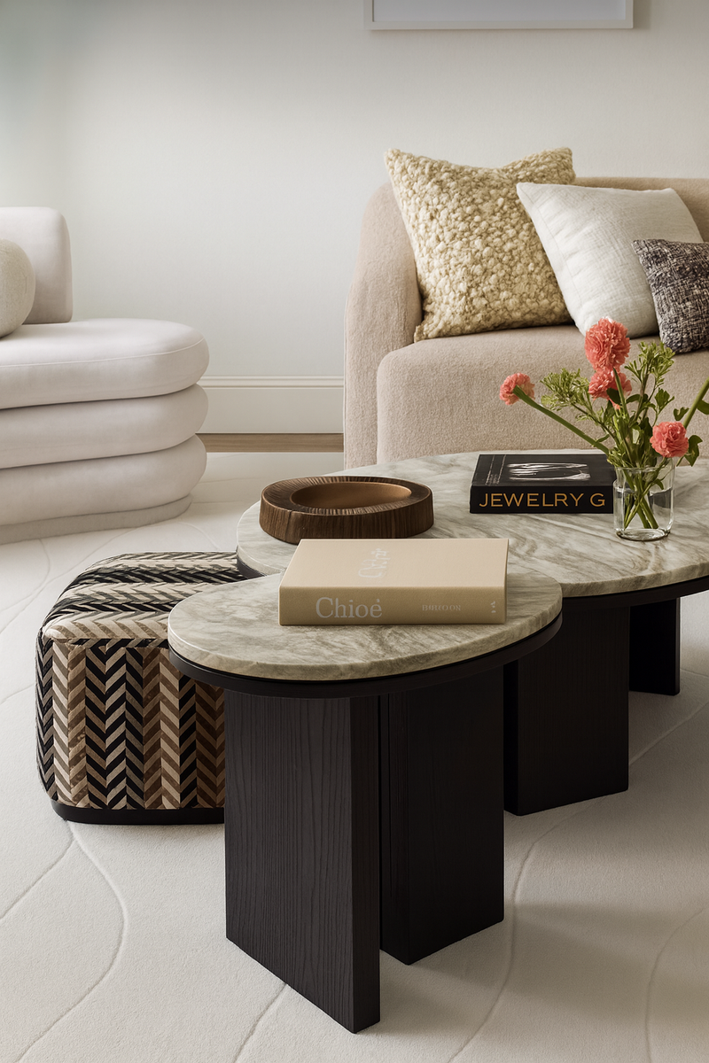 Modern living room with a coffee table, sofa, and decorative items.