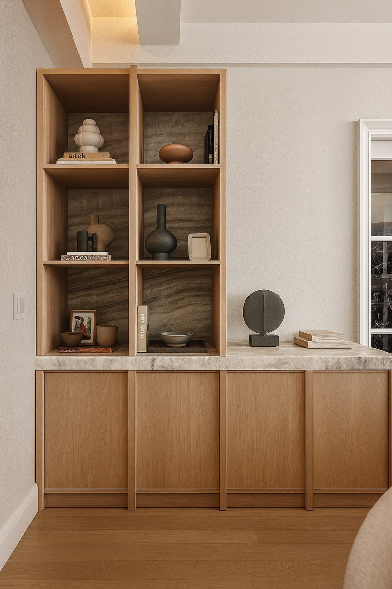 white oak built in bookshelf