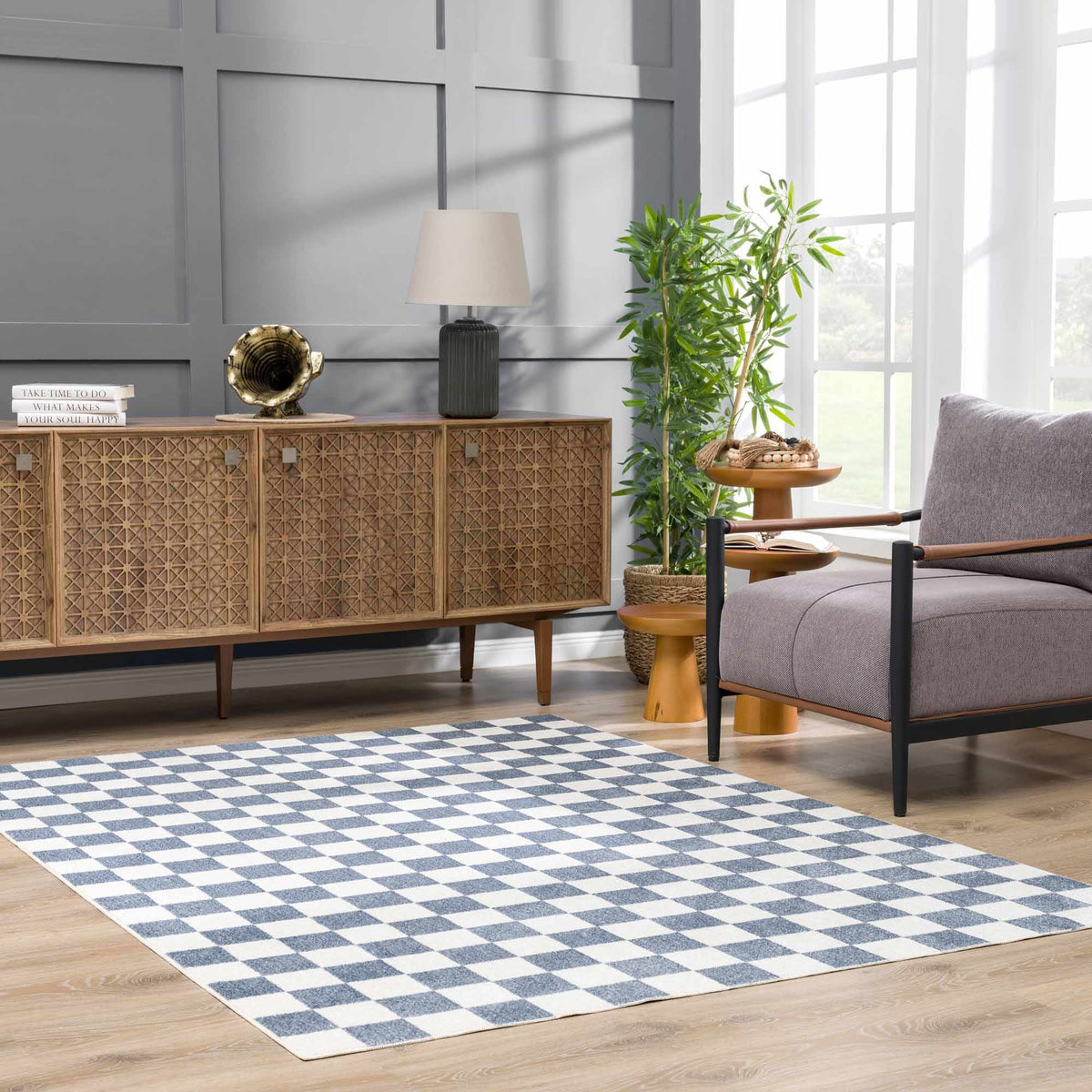 Brone Blue Checkered Washable Rug
