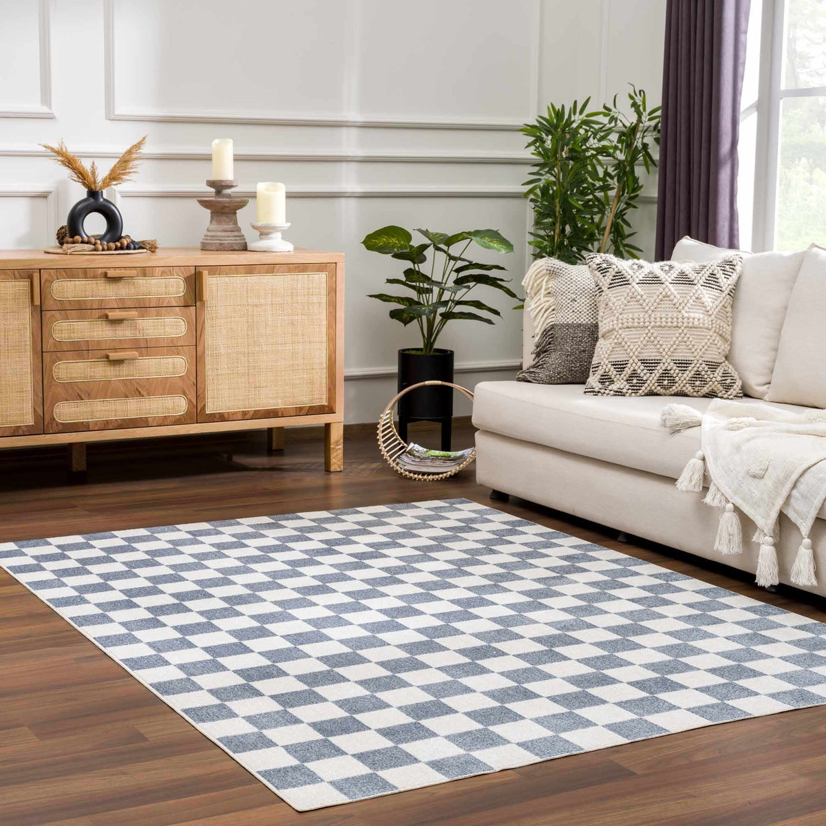 Brone Blue Checkered Washable Rug