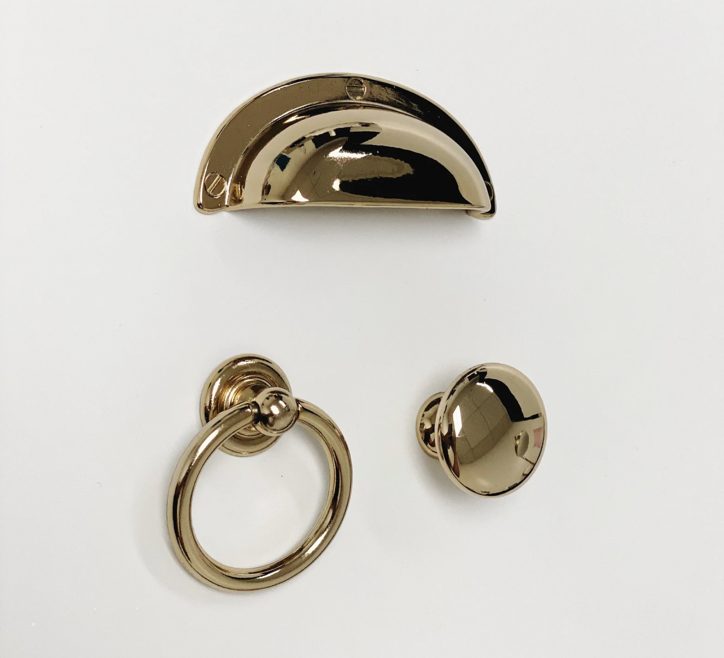 Polished Light Gold "Capri" Cup Drawer Pull, Ring Pull or Round Cabinet Knob. Finger Brass Pull