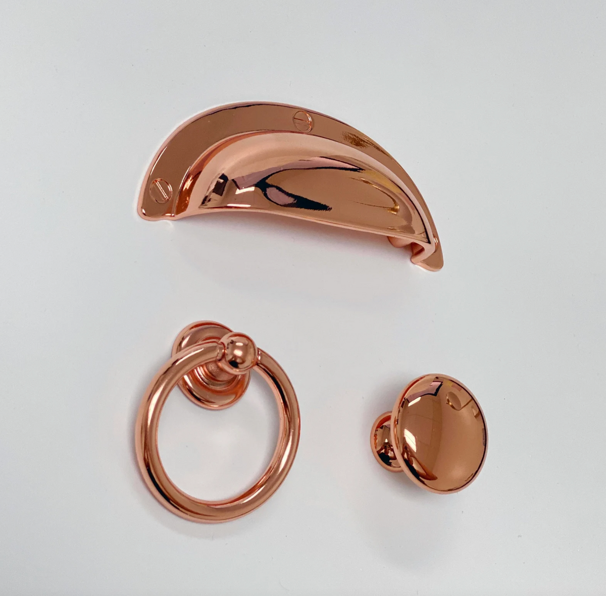 Polished Copper "Capri" Cup Drawer Pull, Ring Pull and Cabinet Knob.