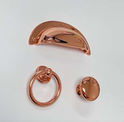 Polished Copper "Capri" Cup Drawer Pull, Ring Pull and Cabinet Knob.