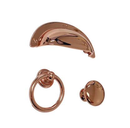 Polished Copper "Capri" Cup Drawer Pull, Ring Pull and Cabinet Knob.