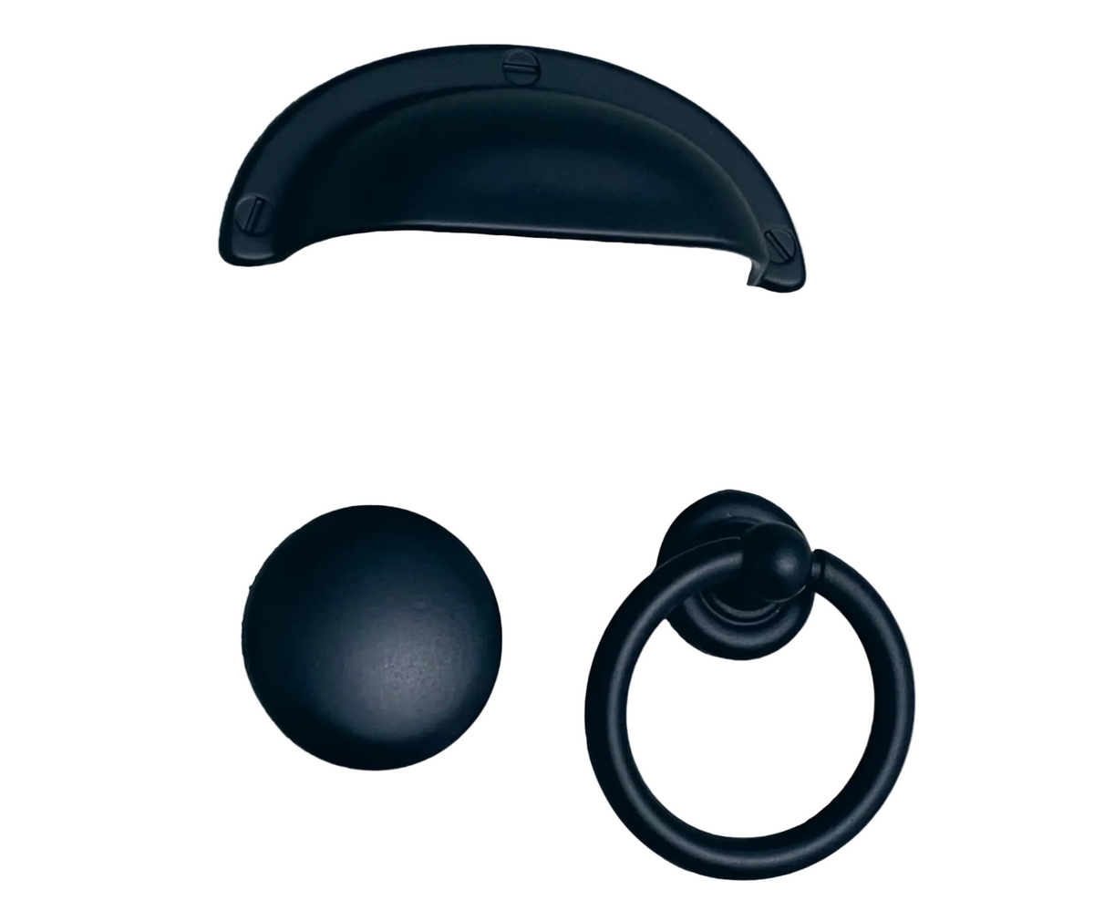 Matte Black "Capri" Cup Drawer Ring Pull and Knob.
