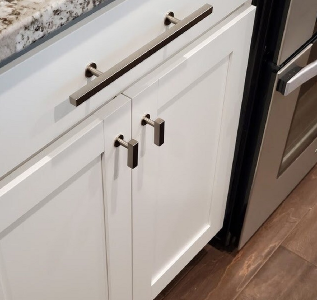 Lew's Square Bar Cabinet Knobs and Pulls in Brushed Nickel.