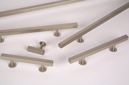 Lew's Square Bar Cabinet Knobs and Pulls in Brushed Nickel.