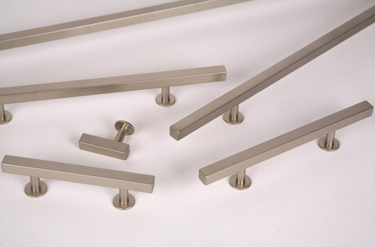 Lew's Square Bar Cabinet Knobs and Pulls in Brushed Nickel.