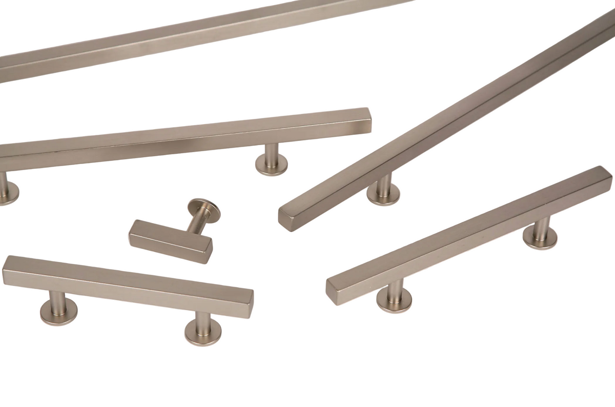 Lew's Square Bar Cabinet Knobs and Pulls in Brushed Nickel.