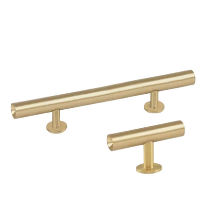 Lew's Round Bar Cabinet Knobs and Handles in Brushed Brass.