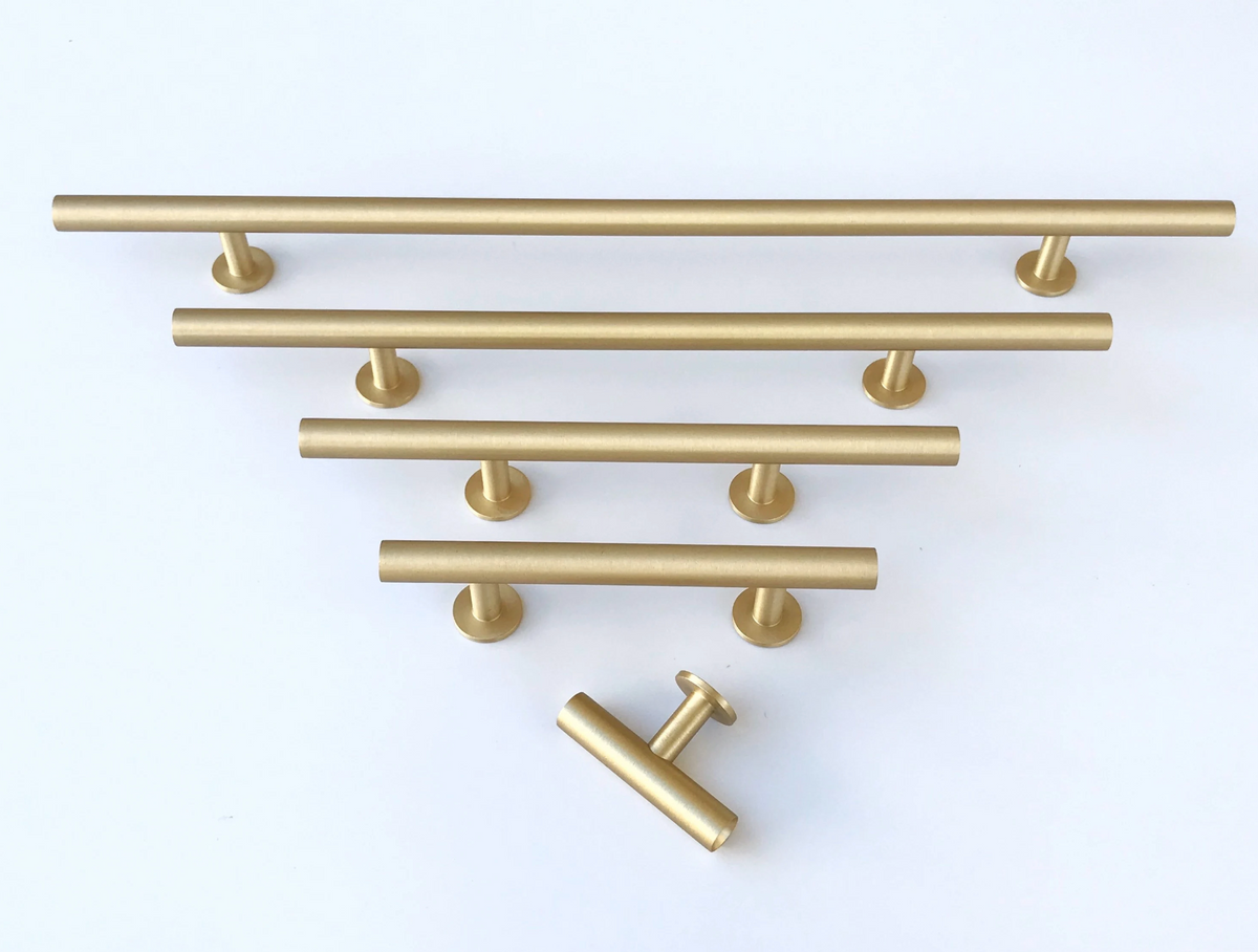 Lew's Round Bar Cabinet Knobs and Handles in Brushed Brass.
