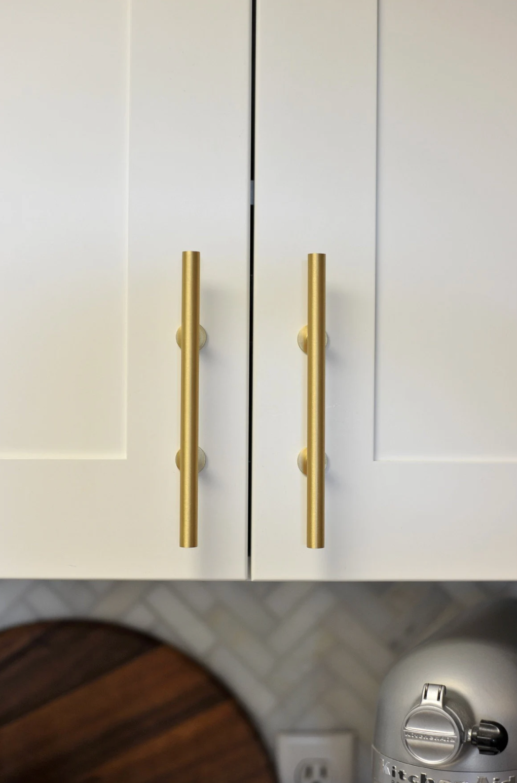 Lew's Round Bar Cabinet Knobs and Handles in Brushed Brass.