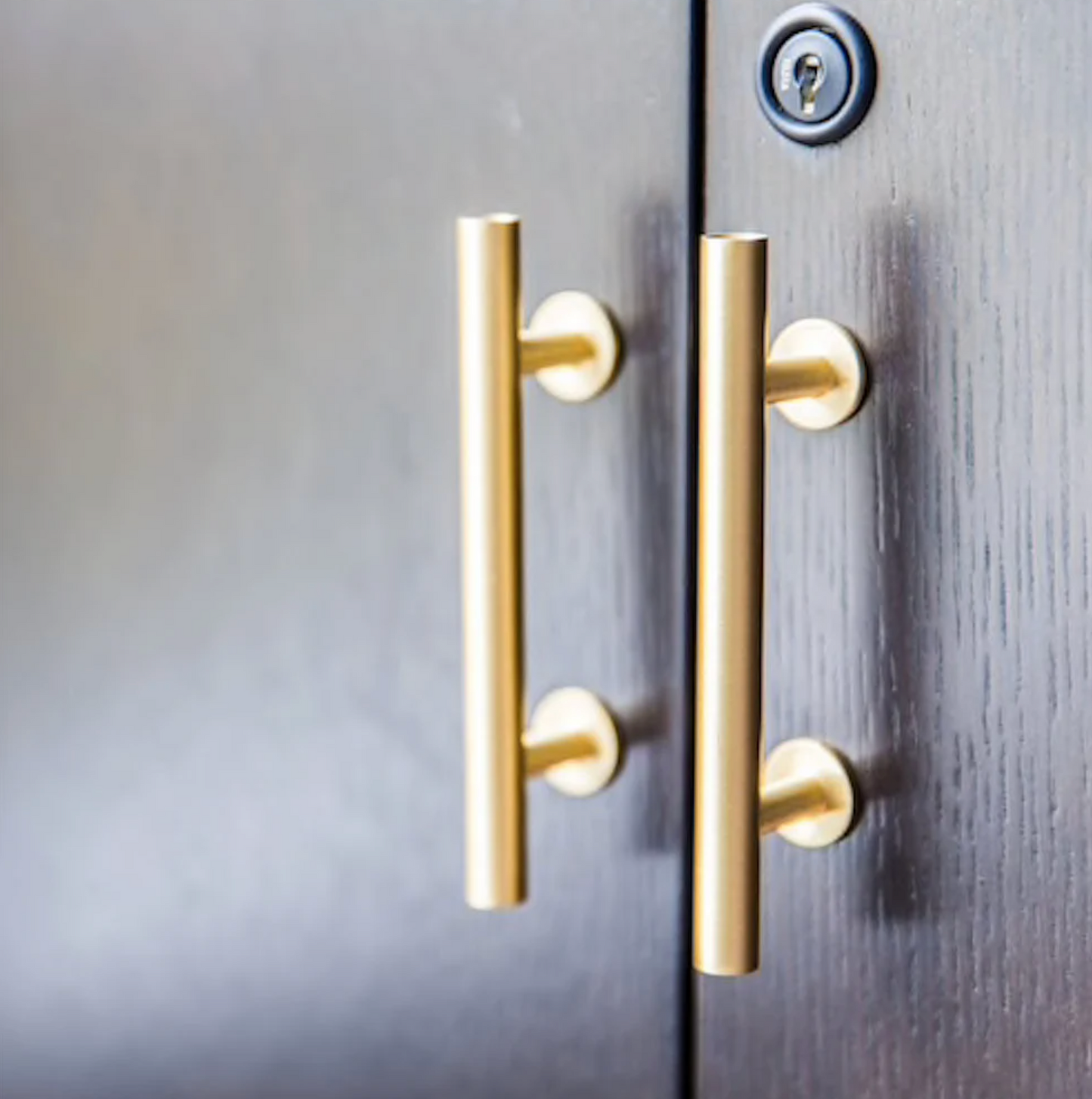 Lew's Round Bar Cabinet Knobs and Handles in Brushed Brass.
