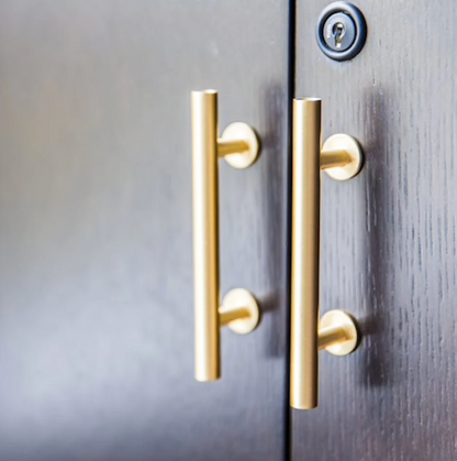Lew's Round Bar Cabinet Knobs and Handles in Brushed Brass.