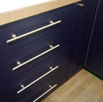 Lew's Round Bar Cabinet Knobs and Handles in Brushed Brass.