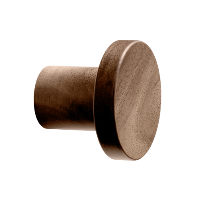Walnut Lacquered Wood "Pinta" Cabinet Knob and Drawer Pulls.
