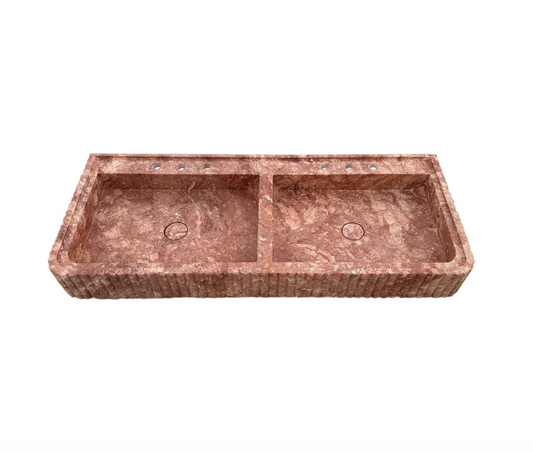 TCSC | Red Travertine Double Bathroom Vanity Sink Fluted on Front and Edges (W)20" (L)48"