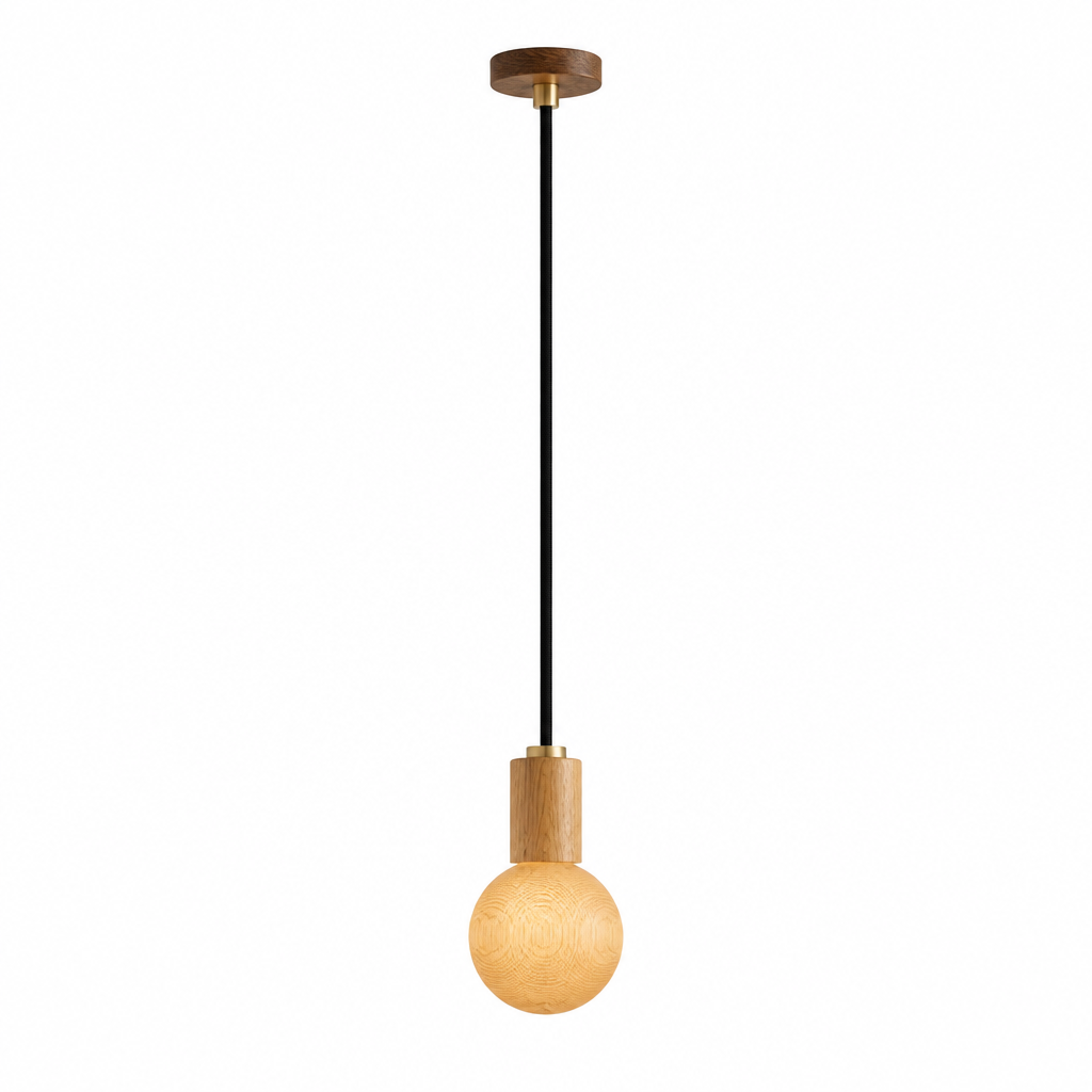 Minimalist pendant light with a glowing bulb on a beige background