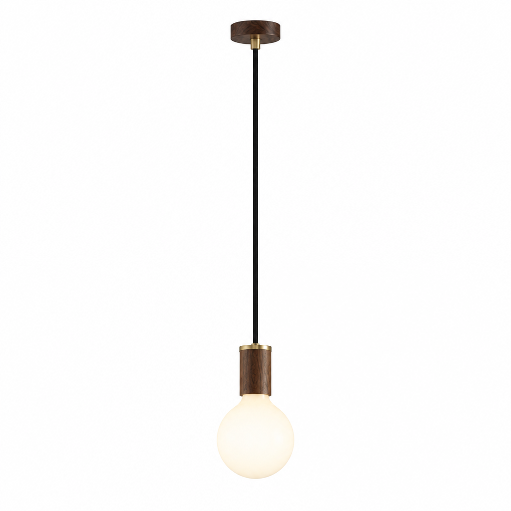 Pendant light with a single bulb hanging against a beige wall